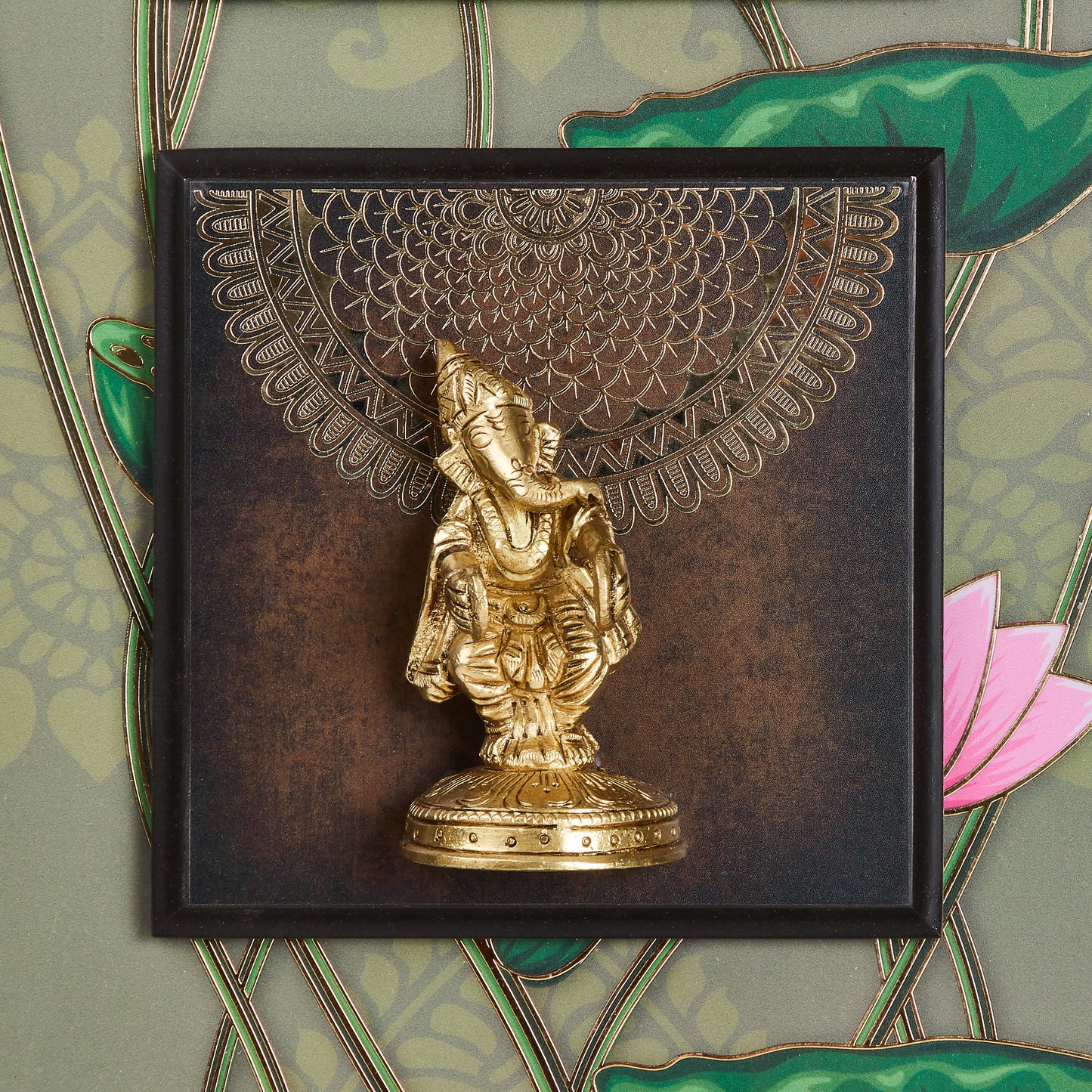 Ganesha Ensemble – Brass Idols Framed with 24K Gold-Coated Vines(14” x 45”)