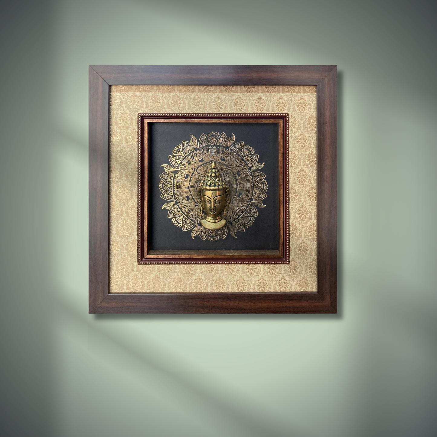 Various Brass Idols Framed on 24 carat Gold coated metal artwork and banaras  Silk - W 15 in x H 15 in