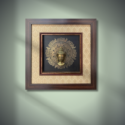 Various Brass Idols Framed on 24 carat Gold coated metal artwork and banaras  Silk - W 15 in x H 15 in
