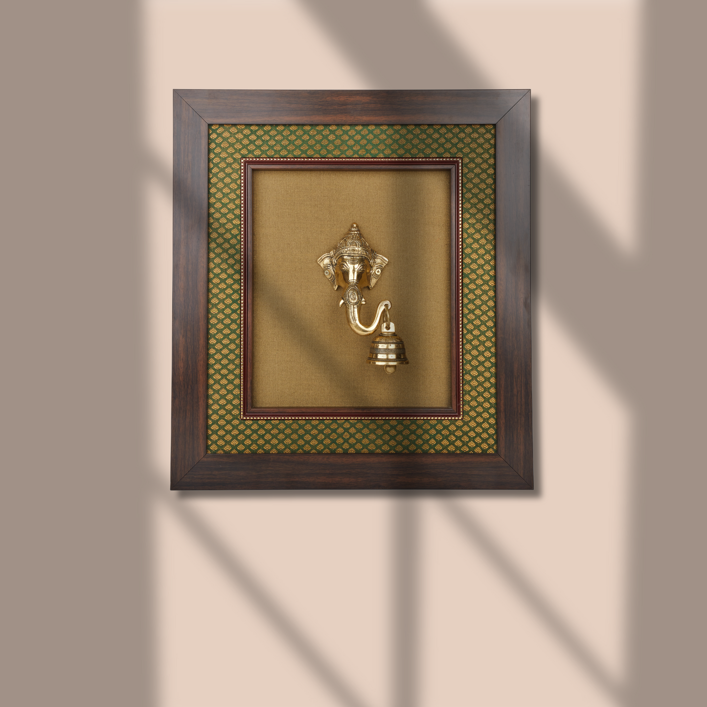 Lord Ganesha with Bell Brass Idol Framed on Raw Silk - W 16 in x H 18 in