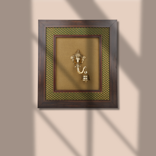Lord Ganesha with Bell Brass Idol Framed on Raw Silk - W 16 in x H 18 in