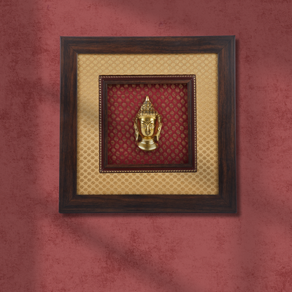 Buddha Framed on Raw Silk & banaras brocade - W 12 in x H 12 in
