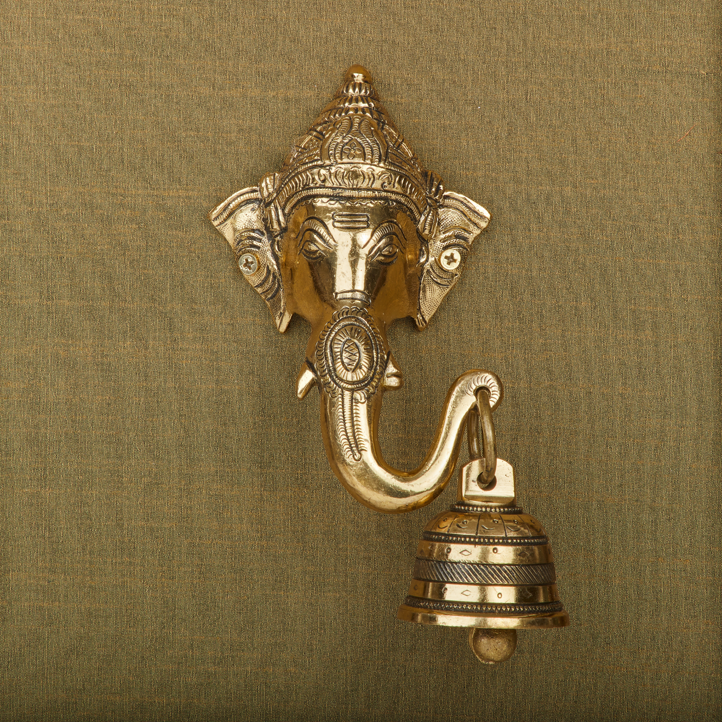 Lord Ganesha with Bell Brass Idol Framed on Raw Silk - W 16 in x H 18 in
