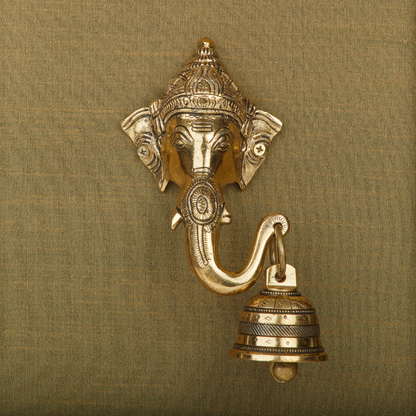 Lord Ganesha with Bell Brass Idol Framed on Raw Silk - W 16 in x H 18 in