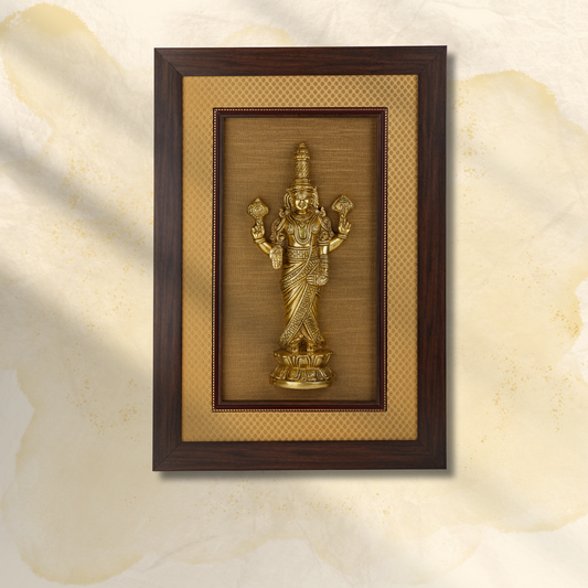 Lord Venkateshwara Brass Idol Framed on Raw Silk & banaras brocade