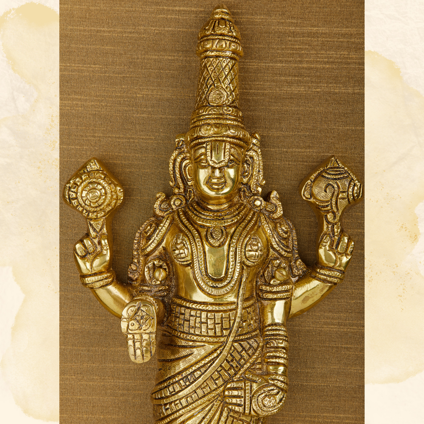 Lord Venkateshwara Brass Idol Framed on Raw Silk & banaras brocade