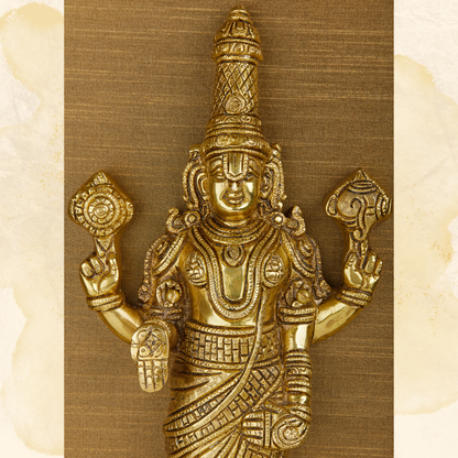 Lord Venkateshwara Brass Idol Framed on Raw Silk & banaras brocade