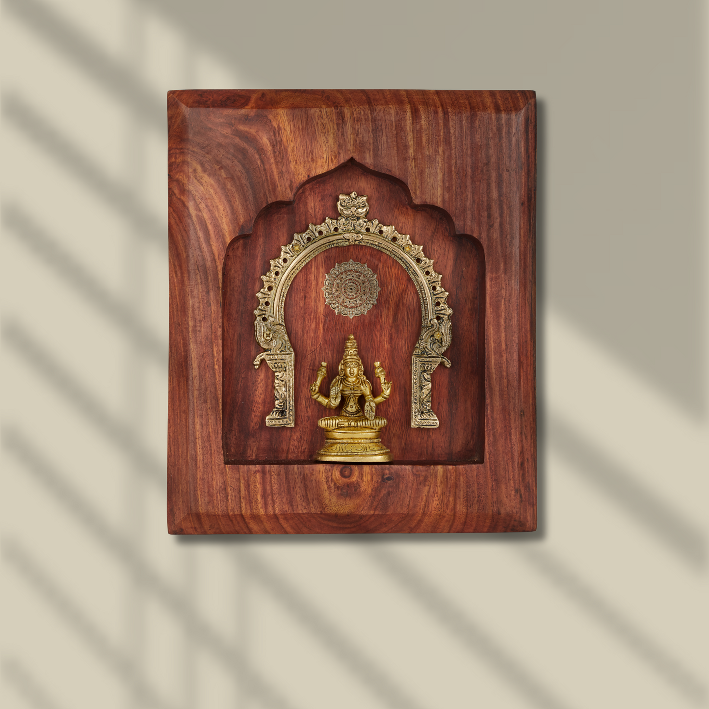 Lakshmi Brass Idol with Prabhavali – Framed on Sheesham Wood