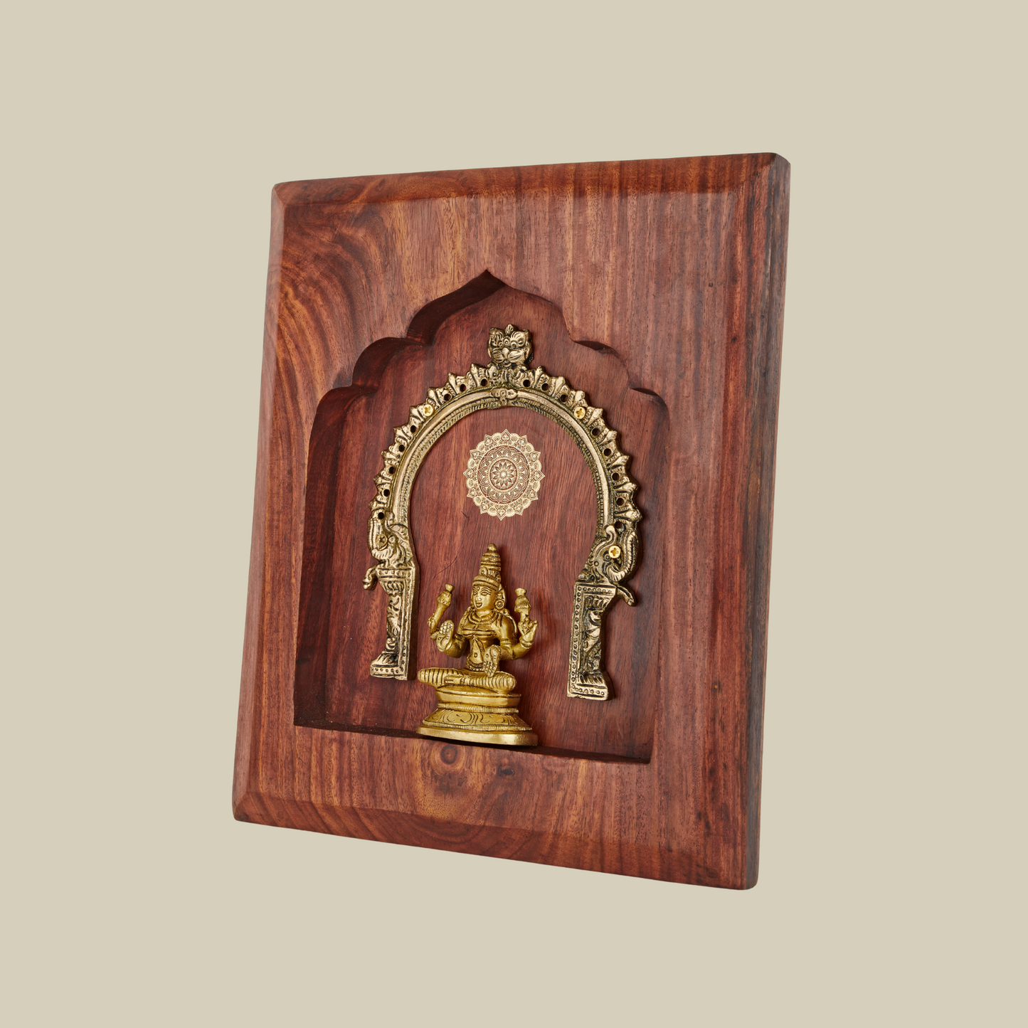 Lakshmi Brass Idol with Prabhavali – Framed on Sheesham Wood