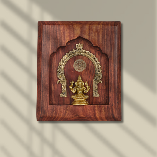 Ganesh Brass Idol with Prabhavali – Framed on Sheesham Wood