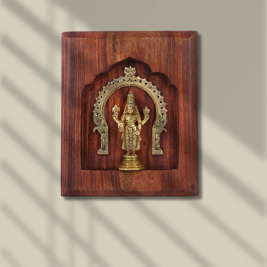 Venkateshwara Brass Idol with Prabhavali – Framed on Sheesham Wood
