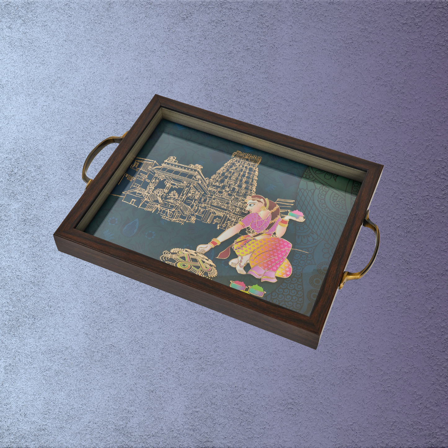 Rangoli Tray – Style 001  - Ethnic Indian Art with Gold Accents
