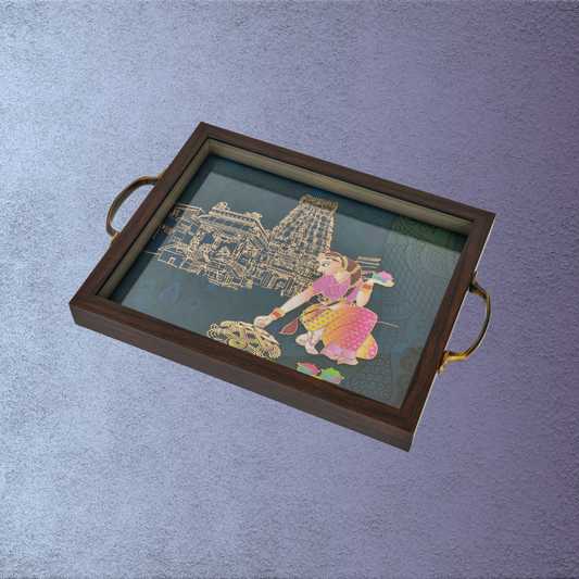 Rangoli Tray – Style 001  - Ethnic Indian Art with Gold Accents