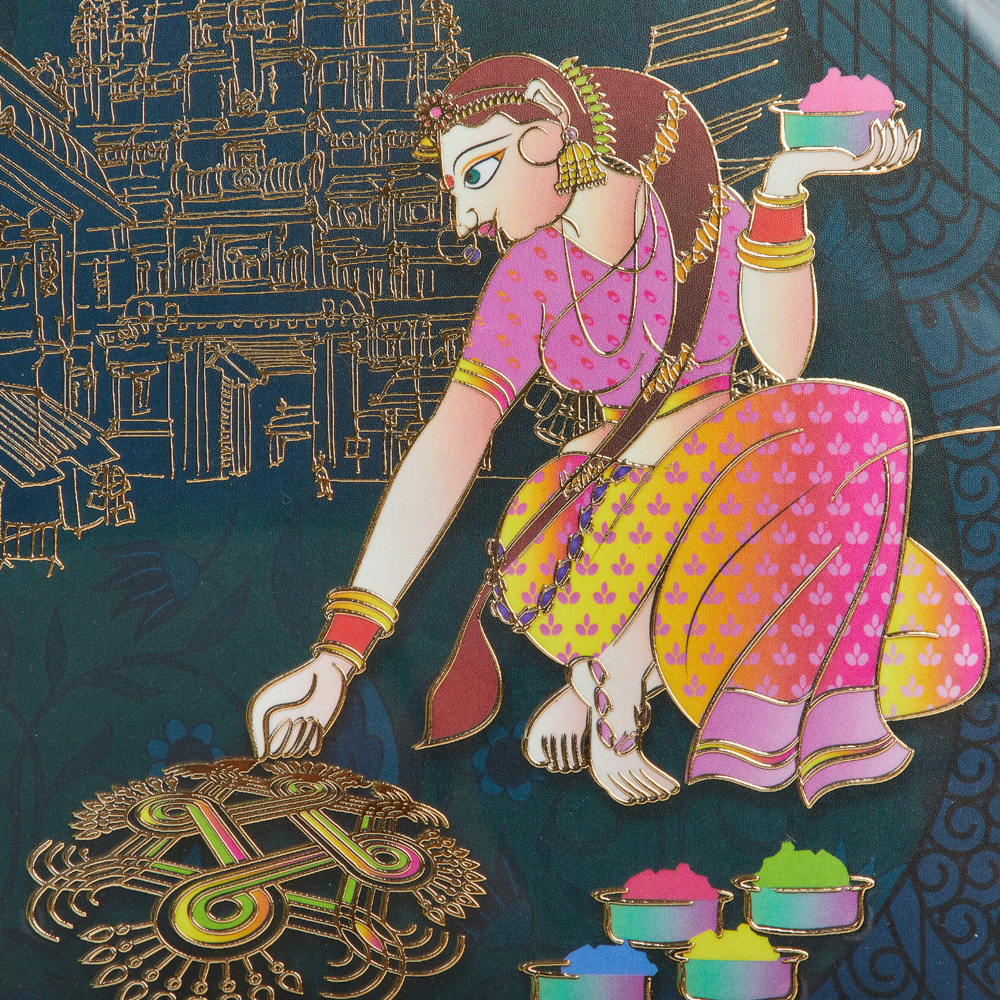 Rangoli Tray – Style 001  - Ethnic Indian Art with Gold Accents