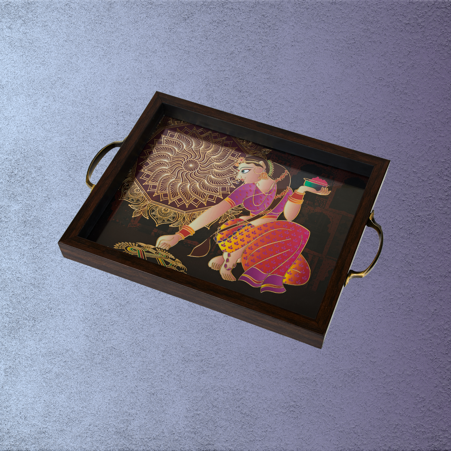 Rangoli Tray – Style 002  - Ethnic Indian Art with Gold Accents