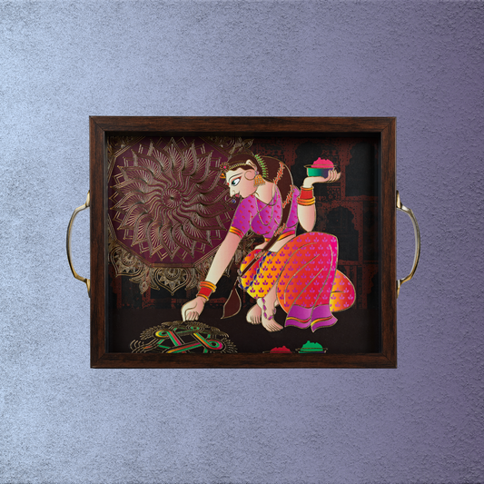 Rangoli Tray – Style 002  - Ethnic Indian Art with Gold Accents