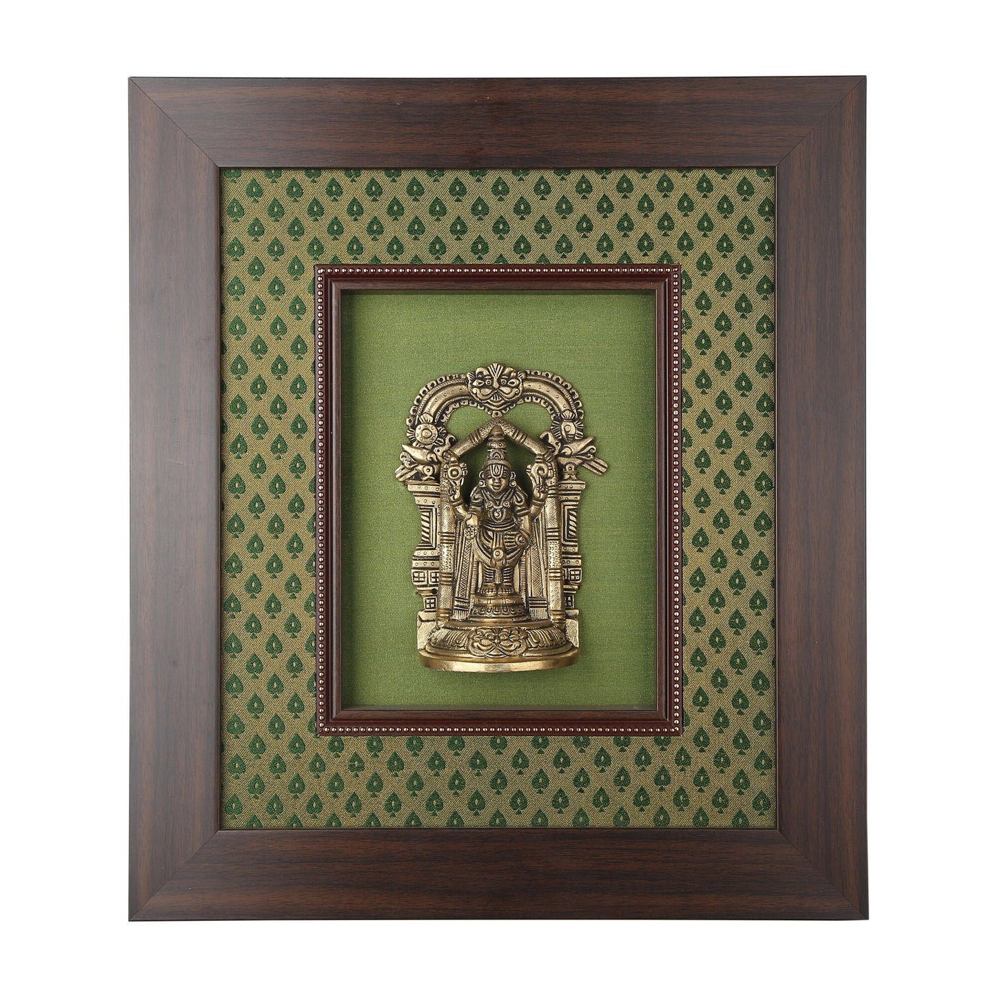 Lord Venkateshwara (Perumal) Brass Idol Framed on Raw Silk - W 16 in x H 18