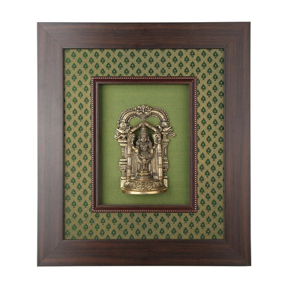 Lord Venkateshwara (Perumal) Brass Idol Framed on Raw Silk - W 16 in x H 18