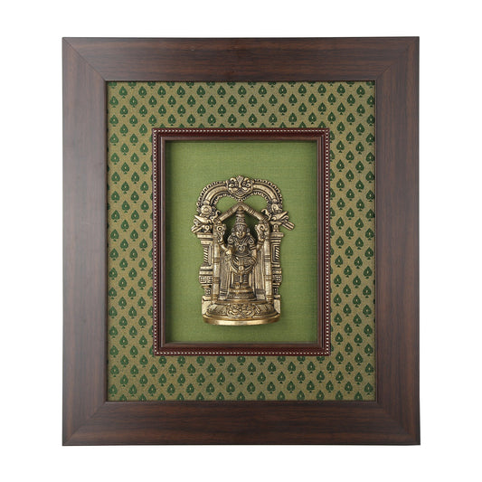 Lord Venkateshwara (Perumal) Brass Idol Framed on Raw Silk - W 16 in x H 18
