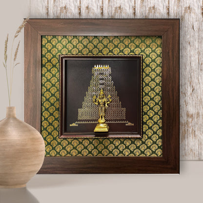Various Brass Idols Framed on 24 carat Gold coated metal artwork and banaras  Silk - W 15 in x H 15 in