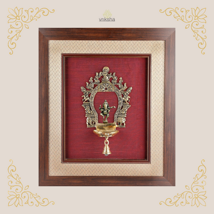 Brass Prabhavali diya -  Framed on Raw Silk - W 18 in x H 20 in