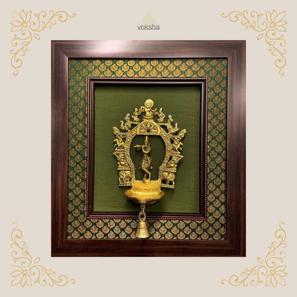Brass Prabhavali diya -  Framed on Raw Silk - W 18 in x H 20 in